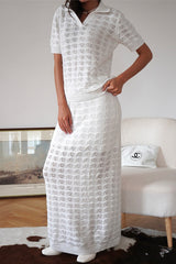 Openwork Polo Knit Top Maxi Skirt Set