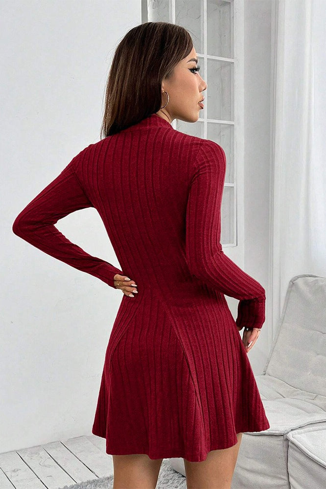 Slim Mock Neck Ribbed Waist-Cinched A Line Sweater Dress