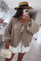 Bow Tie Front Crew Neck Knit Casual Cardigan