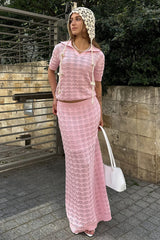 Openwork Polo Knit Top Maxi Skirt Set