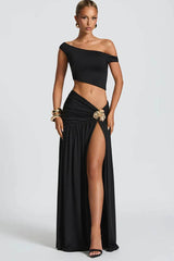 Metallic Oblique Shoulder Ruched Set Party Dress