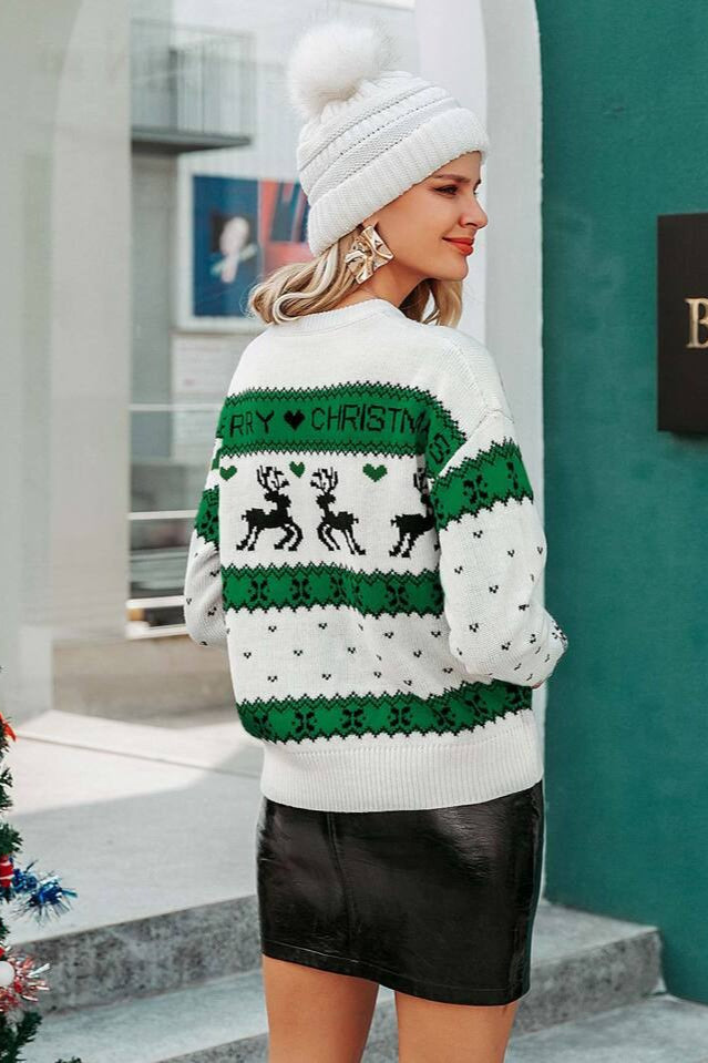 Christmas Cozy Moose Polka Dot Color Block Sweater