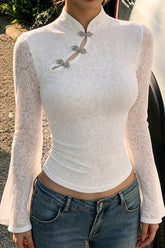 Chinese Knot Sheer Lace Bell Sleeve Blouse