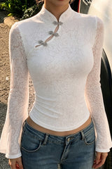 Chinese Knot Sheer Lace Bell Sleeve Blouse