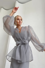 Sheer Organza Wrap Tie Blouse