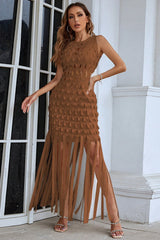 Denisa Sleeveless Stylish Tassel Dress S / Coffee
