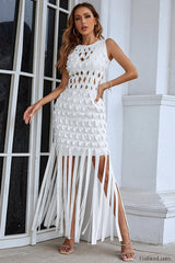 Denisa Sleeveless Stylish Tassel Dress S / White