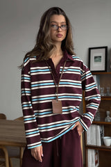 Striped Polo Collar Relaxed Long Sleeve T Shirt
