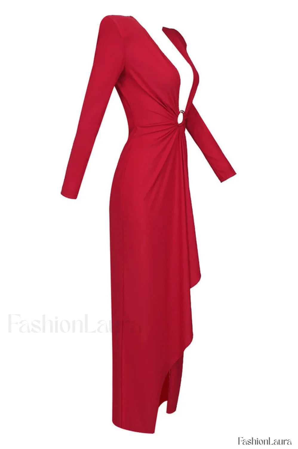 Draped Ring Detailed Charming Deep V Neck Dress