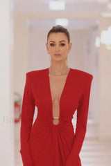 Draped Ring Detailed Charming Deep V Neck Dress