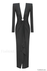Draped Ring Detailed Charming Deep V Neck Dress XS / Black