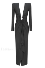 Draped Ring Detailed Charming Deep V Neck Dress XS / Black