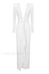 Draped Ring Detailed Charming Deep V Neck Dress XS / White