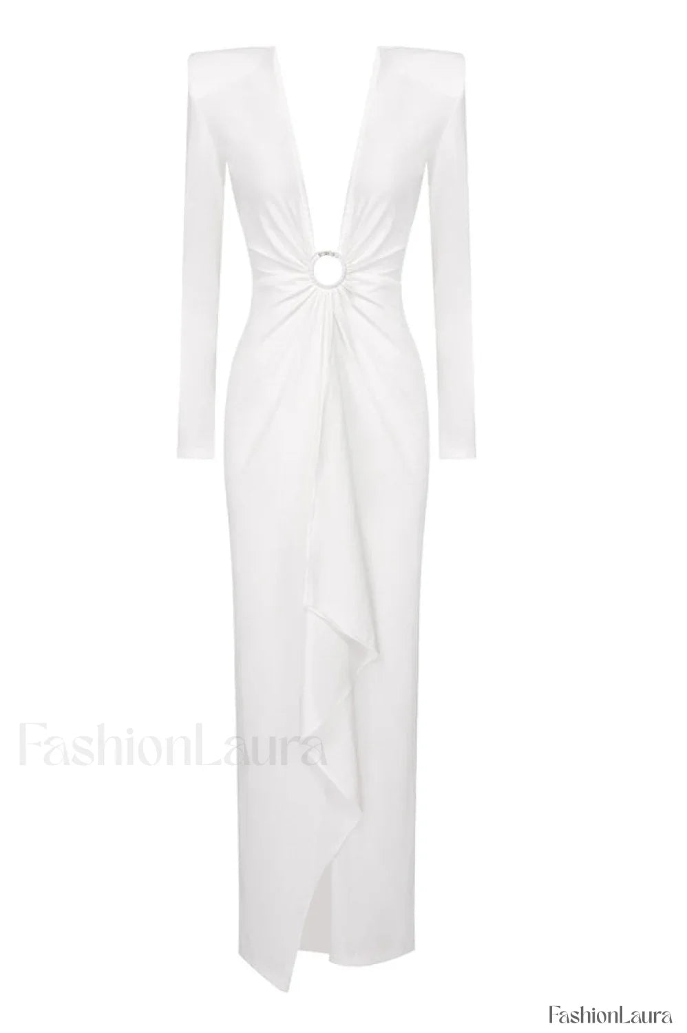 Draped Ring Detailed Charming Deep V Neck Dress XS / White