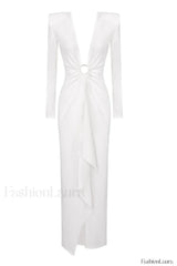 Draped Ring Detailed Charming Deep V Neck Dress XS / White