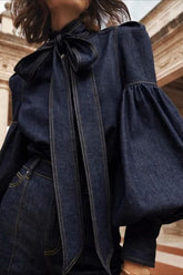 Bow Neck Balloon Sleeve Denim Blouse