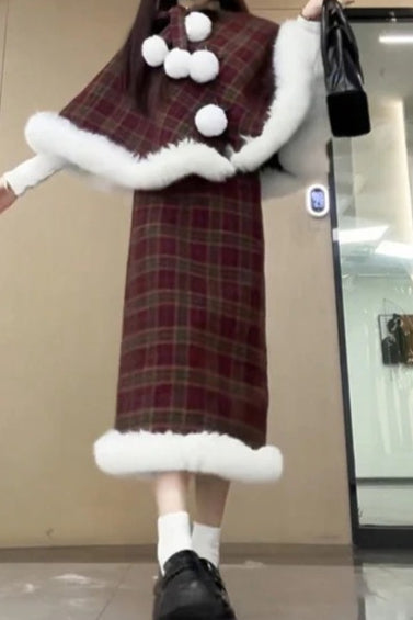 Plaid Cape Cloak Hooded Christmas Outerwear