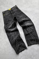 Bat Embroidered Loose Fit Streetwear Jeans