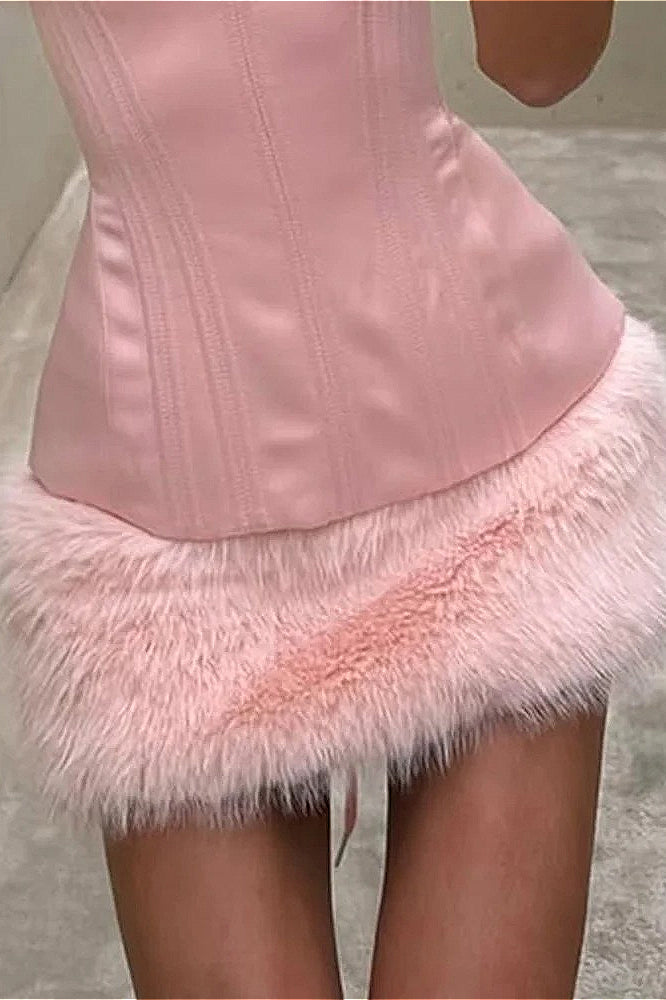 Solid Fuzzy Paneled Tie Waist Sexy Mini Dress