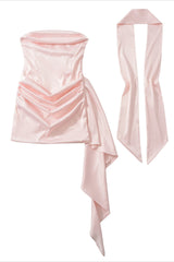 Strapless Satin Scarf Draped Cocktail Dress