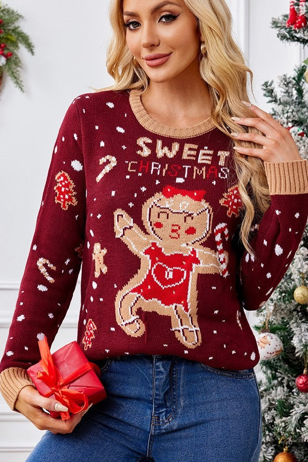 Christmas Gingerbread Man Color Block Polka Dots Sweater