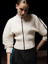 Elegant Contrast Stitching Knitted Pullover Women Casual O neck Long Sleeves Warm Sweater Sweaters L