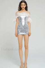 Eleni Off Shoulder Charming Feather Sequin Dress