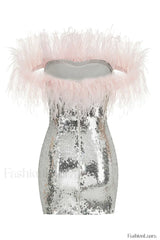 Eleni Off Shoulder Charming Feather Sequin Dress