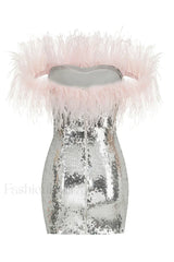 Eleni Off Shoulder Charming Feather Sequin Dress