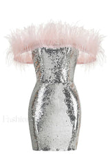 Eleni Off Shoulder Charming Feather Sequin Dress XS / Silver