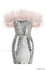 Eleni Off Shoulder Charming Feather Sequin Dress XS / Silver