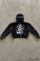 Embroidery Rhinestone Print Zip Hoodie Black / S