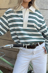 Striped Polo Collar Long Sleeve Tee