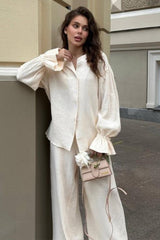 Balloon Sleeve Cotton Cardigan Wide Leg Pants Set