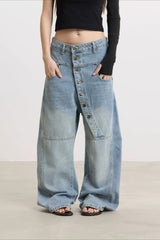 Asymmetric Button Washed Wide Leg Streetwear Jeans