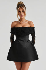 Off Shoulder Lace Sleeve A Line Mini Dress