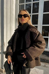Oversized Shearling Collar Faux Suede Jacket
