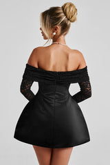 Off Shoulder Lace Sleeve A Line Mini Dress