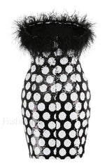 Feather Trim Polka Charming Dot Sequin Dress