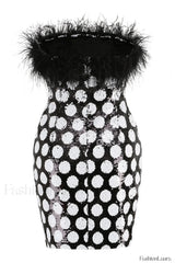 Feather Trim Polka Charming Dot Sequin Dress
