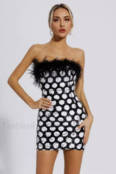 Feather Trim Polka Charming Dot Sequin Dress