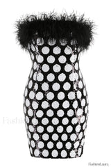 Feather Trim Polka Charming Dot Sequin Dress XS / Black