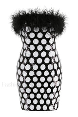 Feather Trim Polka Charming Dot Sequin Dress XS / Black