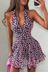 Floral Halter Deep V Flared Mini Dress
