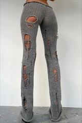 Distressed Ribbed Knit Flared Pants