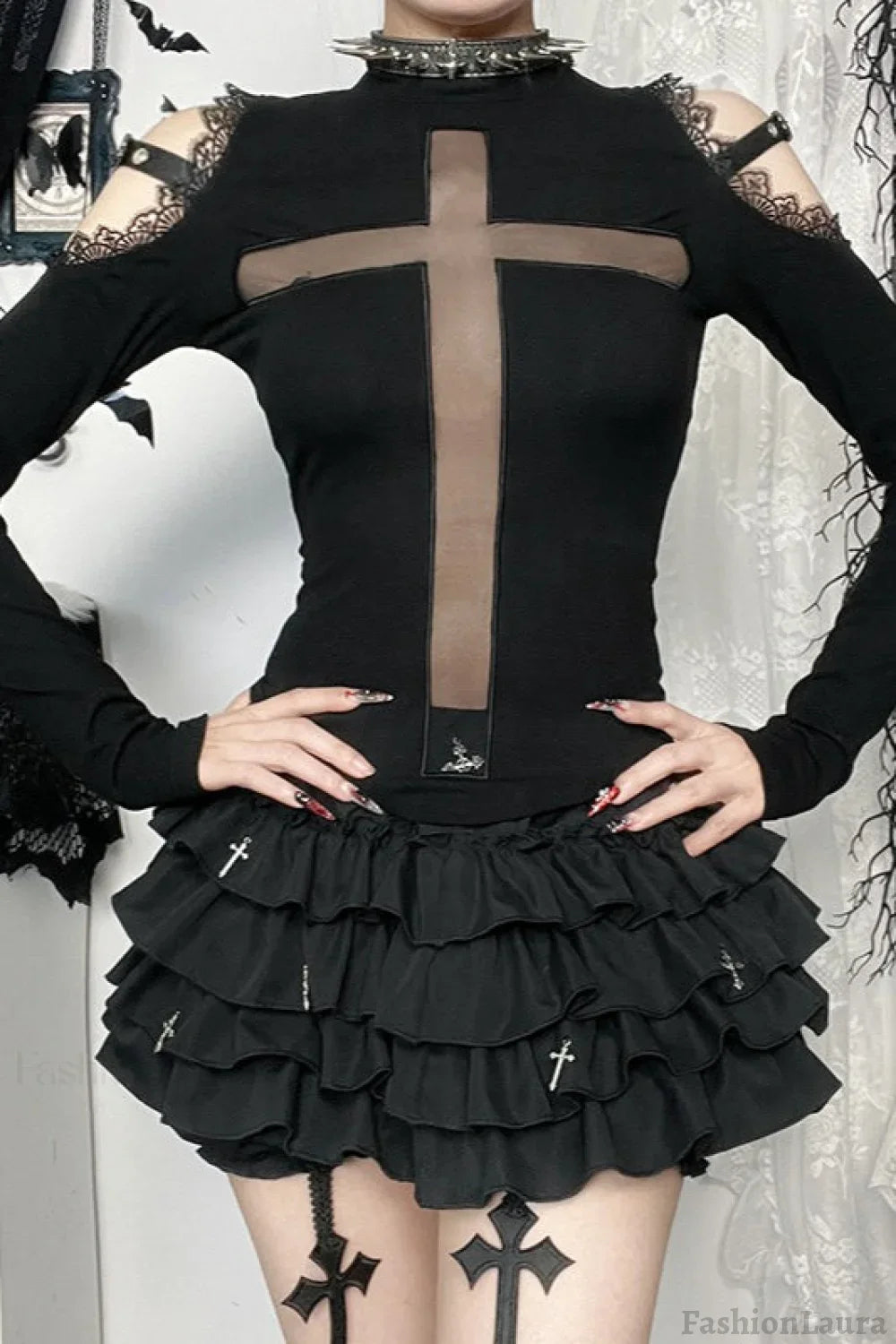 Gothic Cross Sheer Long Sleeve T-Shirt