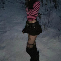 Gothic Skull Punk Crop Rhinestone Academia Striped Dark Top