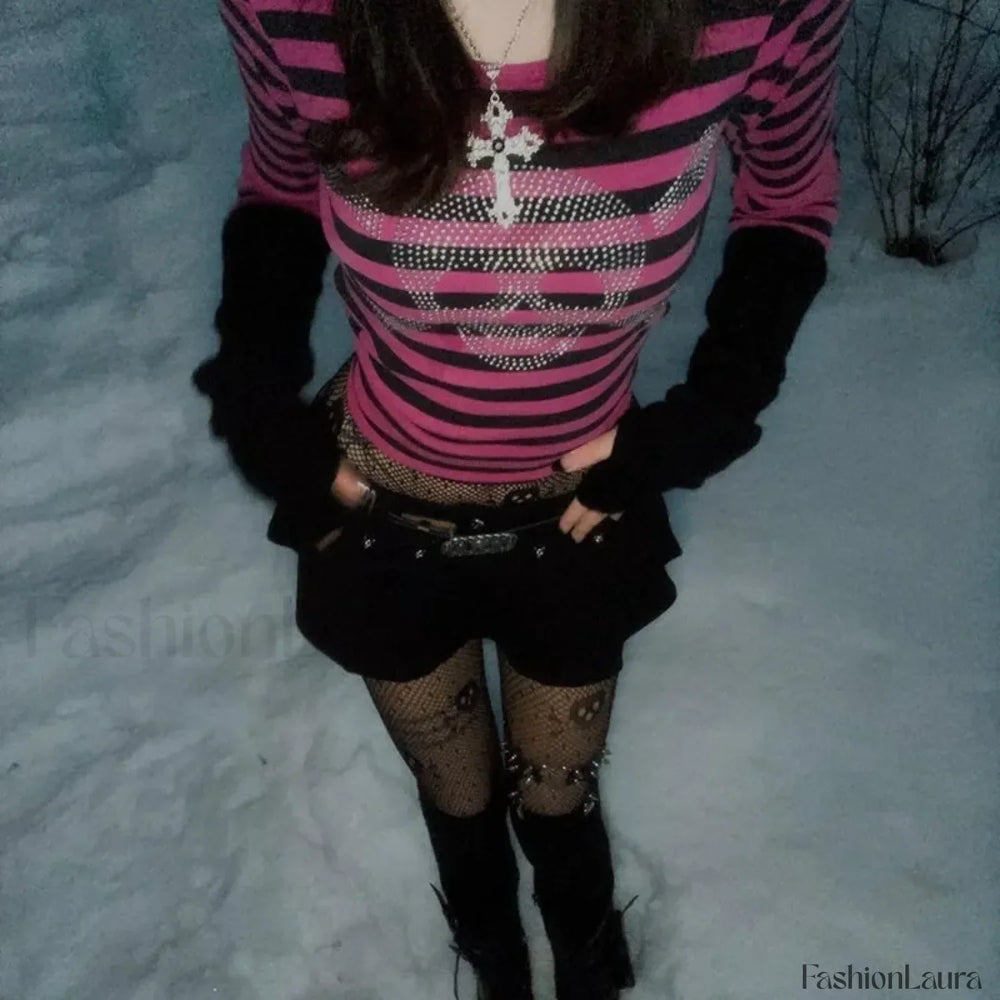 Gothic Skull Punk Crop Rhinestone Academia Striped Dark Top
