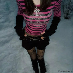 Gothic Skull Punk Crop Rhinestone Academia Striped Dark Top