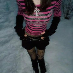 Gothic Skull Punk Crop Rhinestone Academia Striped Dark Top